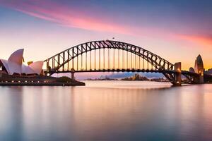 el Sydney ópera casa y puente a puesta de sol. generado por ai foto