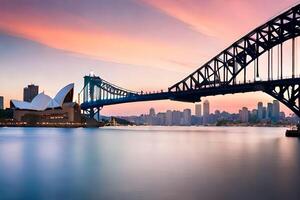 Sydney puerto puente y ópera casa a puesta de sol. generado por ai foto