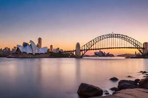 el Sydney ópera casa y Sydney puente a puesta de sol. generado por ai foto