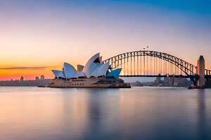 el Sydney ópera casa y el Sydney puente a puesta de sol. generado por ai foto