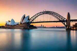 el Sydney ópera casa y puente a puesta de sol. generado por ai foto