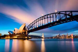 el Sydney ópera casa y puente a oscuridad. generado por ai foto
