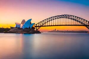 el Sydney ópera casa y puente a puesta de sol. generado por ai foto