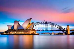 the sydney opera house and the bridge at sunset. AI-Generated photo