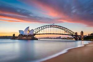 el Sydney ópera casa y el puente a puesta de sol. generado por ai foto
