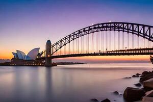 el Sydney puerto puente a puesta de sol. generado por ai foto