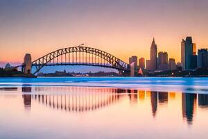 sydney skyline at sunset with the harbour bridge reflected in the water. AI-Generated photo