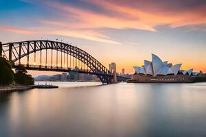 sydney opera house and bridge at sunset. AI-Generated photo