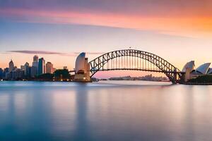 el Sydney puerto puente a puesta de sol. generado por ai foto