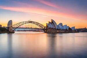 el Sydney ópera casa y puente a puesta de sol. generado por ai foto