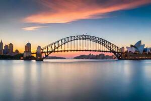 el Sydney puerto puente y Sydney ópera casa a puesta de sol. generado por ai foto