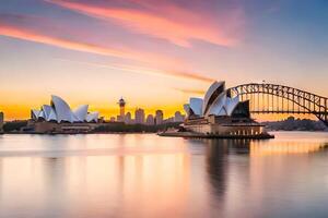 sydney opera house and sydney bridge at sunset. AI-Generated photo