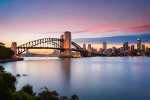 Sydney puerto puente a puesta de sol. generado por ai foto