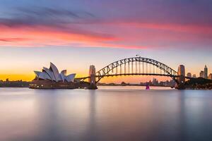 el Sydney ópera casa y el puente a puesta de sol. generado por ai foto