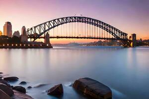 el Sydney puerto puente a puesta de sol. generado por ai foto