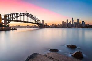 the sydney harbour bridge at sunset. AI-Generated photo