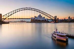 un barco es navegación debajo el Sydney puerto puente. generado por ai foto