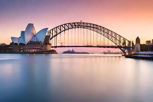 el Sydney ópera casa y puente a puesta de sol. generado por ai foto