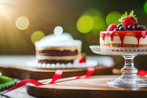 two cakes with berries and cream on a wooden table. AI-Generated photo
