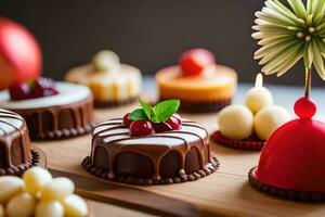 a variety of cakes are displayed on a table. AI-Generated photo