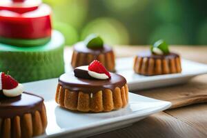 small cakes with chocolate frosting on a white plate. AI-Generated photo