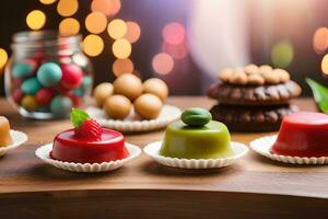 various desserts on a wooden table with lights. AI-Generated photo