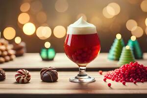 a glass of beer with chocolate and berries. AI-Generated photo