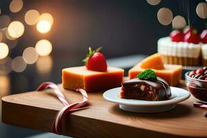 Navidad postres en un de madera mesa con luces. generado por ai foto