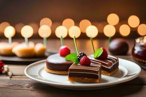 Tres chocolate postres en un plato con velas generado por ai foto