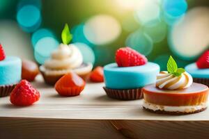 various desserts on a wooden table with a bright background. AI-Generated photo