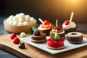 assortment of desserts on wooden table. AI-Generated photo