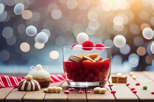 a dessert in a glass with berries and other items. AI-Generated photo