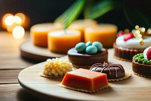 assorted desserts on a wooden tray. AI-Generated photo