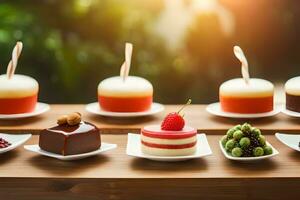 various desserts on white plates on wooden table. AI-Generated photo