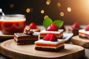 various desserts on wooden boards with strawberries. AI-Generated photo