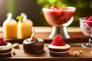various desserts on a wooden table. AI-Generated photo