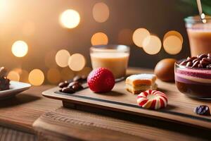 a wooden tray with various desserts and drinks. AI-Generated photo