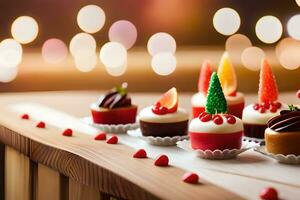 christmas cakes on a wooden table with lights. AI-Generated photo