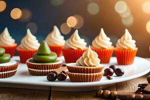 christmas cupcakes on a plate with a wooden background. AI-Generated photo