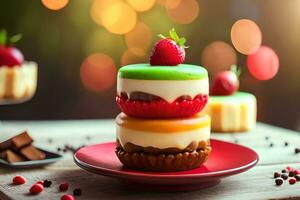 a stack of colorful cakes on a plate. AI-Generated photo