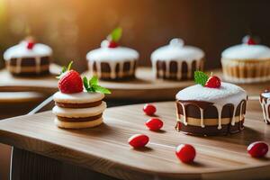 several cakes on wooden trays with strawberries. AI-Generated photo