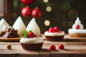 christmas cupcakes on a wooden table. AI-Generated photo