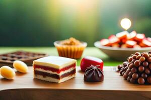 various types of chocolates and candies on a wooden table. AI-Generated photo