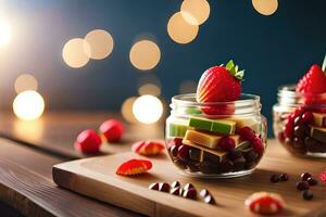 two jars with strawberries and chocolate on a wooden table. AI-Generated photo