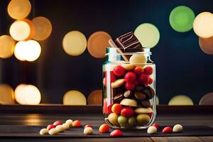a jar filled with candy and chocolate on a table. AI-Generated photo