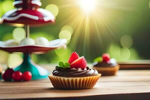 cupcakes with strawberries on a wooden table. AI-Generated photo