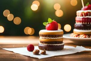 a stack of three cakes with strawberries on top. AI-Generated photo