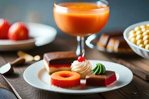 un plato con varios postres y bebidas en un mesa. generado por ai foto