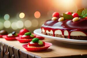 un pastel con rojo Formación de hielo y chocolate en un de madera mesa. generado por ai foto