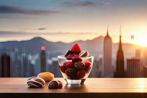 chocolate and fruit in a glass with cityscape in the background. AI-Generated photo